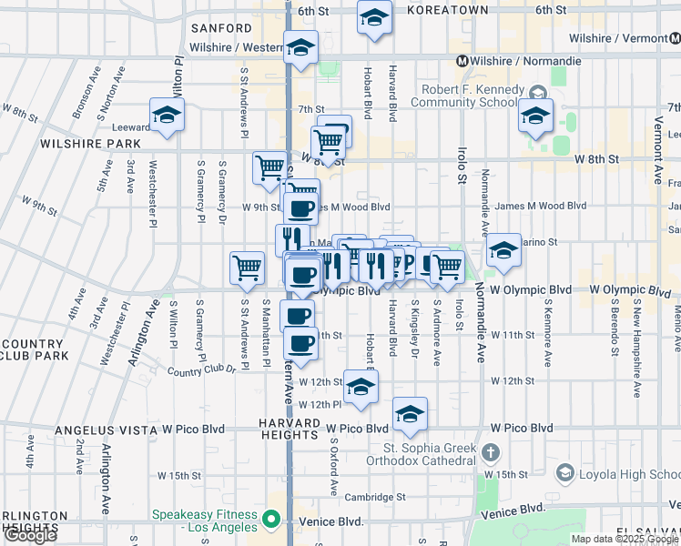 map of restaurants, bars, coffee shops, grocery stores, and more near 979 South Serrano Avenue in Los Angeles