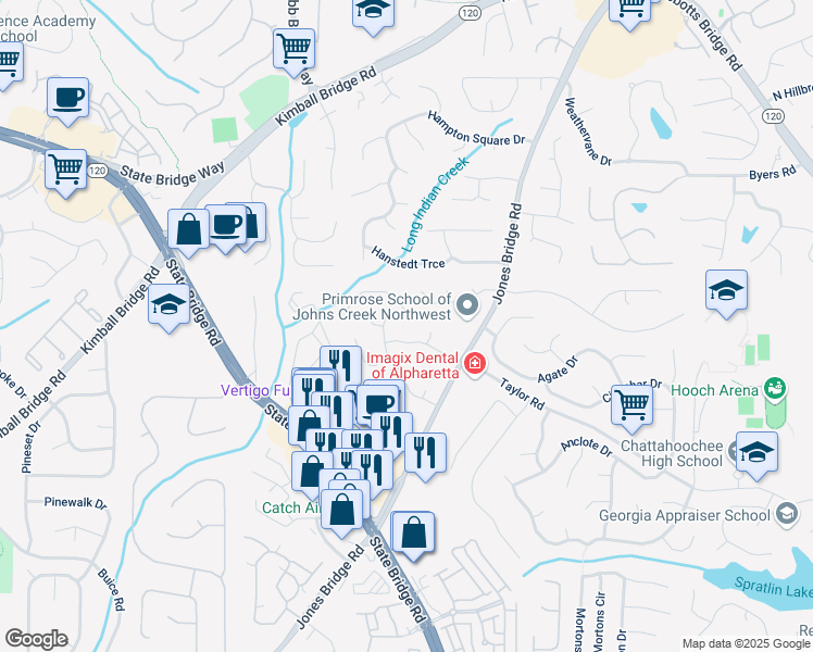 map of restaurants, bars, coffee shops, grocery stores, and more near 11315 Bramshill Drive in Alpharetta