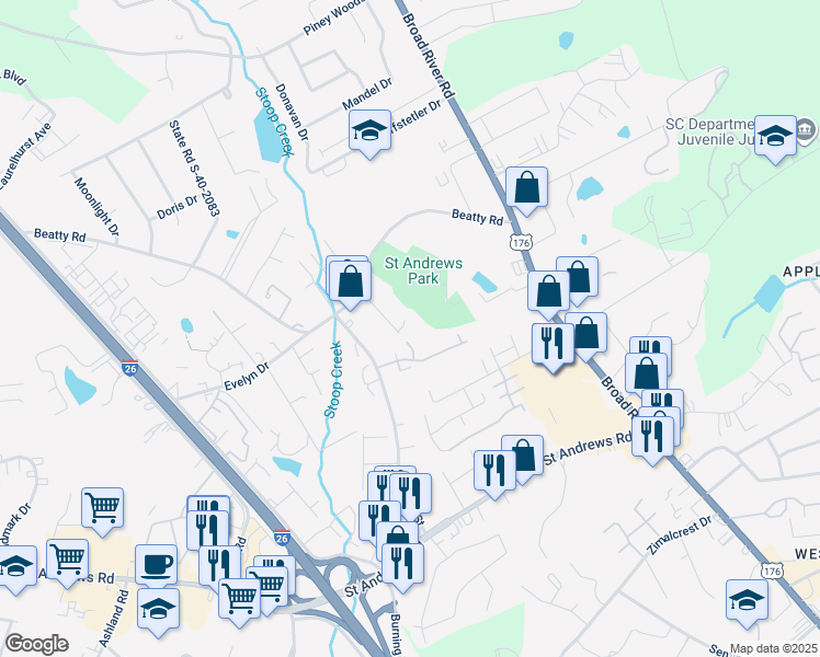 map of restaurants, bars, coffee shops, grocery stores, and more near 3500 Eve Drive in Columbia