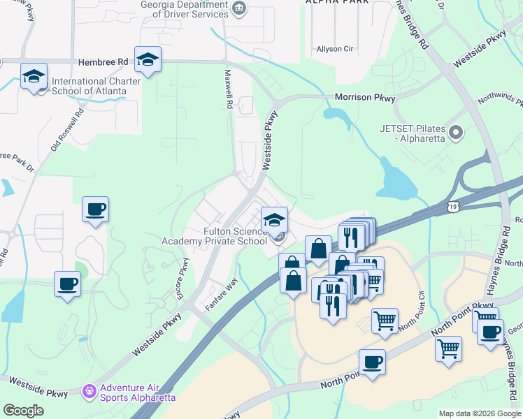 map of restaurants, bars, coffee shops, grocery stores, and more near 1836 Adagio Drive in Alpharetta