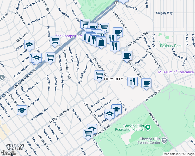 map of restaurants, bars, coffee shops, grocery stores, and more near 10330 Calvin Avenue in Los Angeles