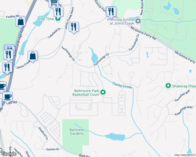 map of restaurants, bars, coffee shops, grocery stores, and more near 11131 Brookhavenclub Drive in Johns Creek
