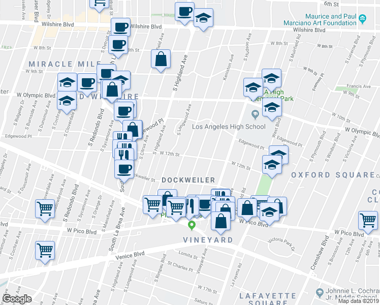 map of restaurants, bars, coffee shops, grocery stores, and more near 1180 South Tremaine Avenue in Los Angeles