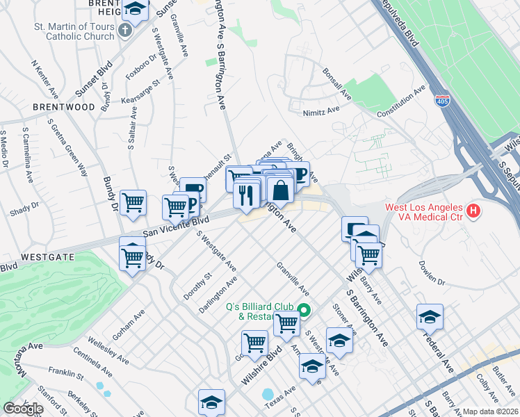 map of restaurants, bars, coffee shops, grocery stores, and more near 11714 San Vicente Boulevard in Los Angeles