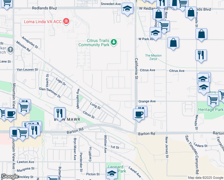 map of restaurants, bars, coffee shops, grocery stores, and more near 26337 Seville Lane in Loma Linda