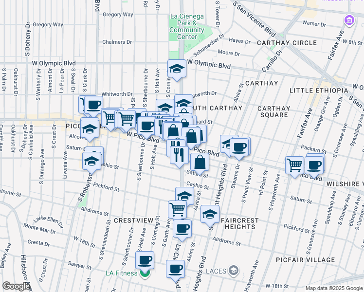 map of restaurants, bars, coffee shops, grocery stores, and more near South La Cienega Boulevard & West Pico Boulevard in Los Angeles