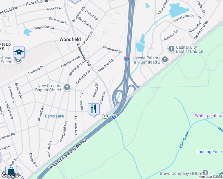 map of restaurants, bars, coffee shops, grocery stores, and more near 104 Sageland Place in Columbia