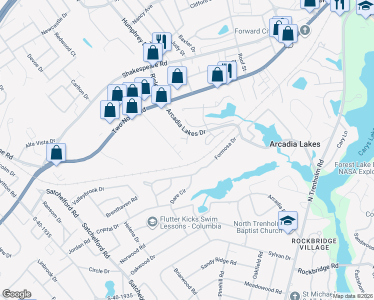 map of restaurants, bars, coffee shops, grocery stores, and more near 125 Willdin Road in Columbia