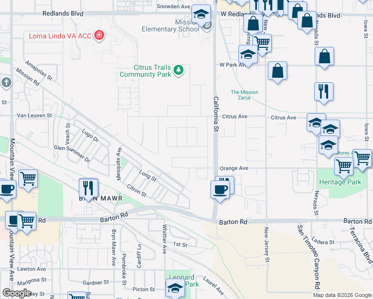 map of restaurants, bars, coffee shops, grocery stores, and more near 26387 Seville Lane in Loma Linda