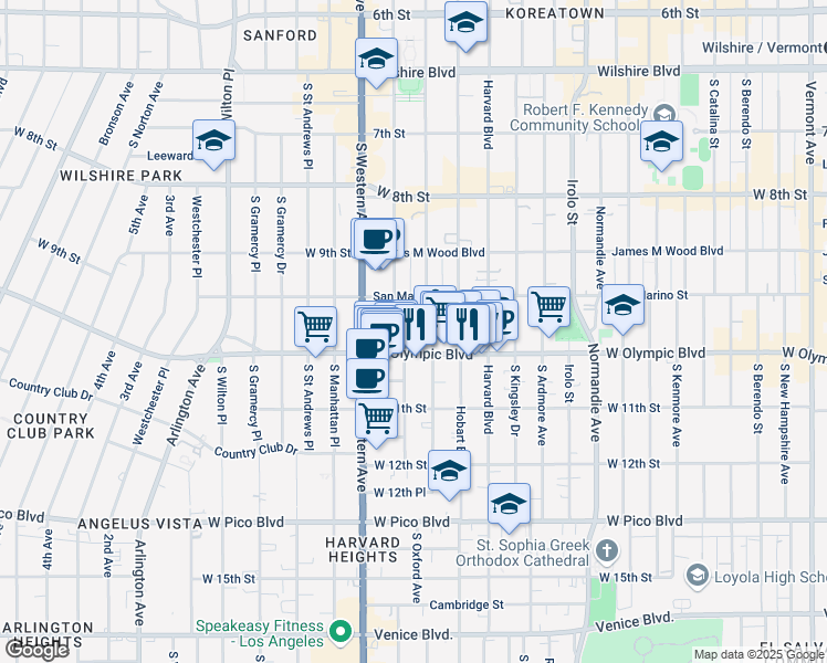 map of restaurants, bars, coffee shops, grocery stores, and more near 980 South Oxford Avenue in Los Angeles