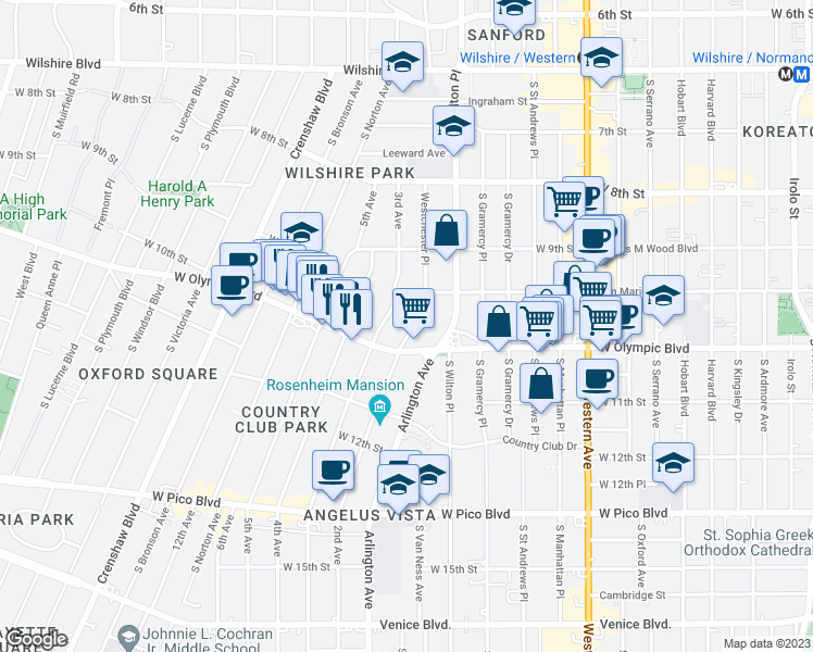 map of restaurants, bars, coffee shops, grocery stores, and more near 975 Westchester Place in Los Angeles