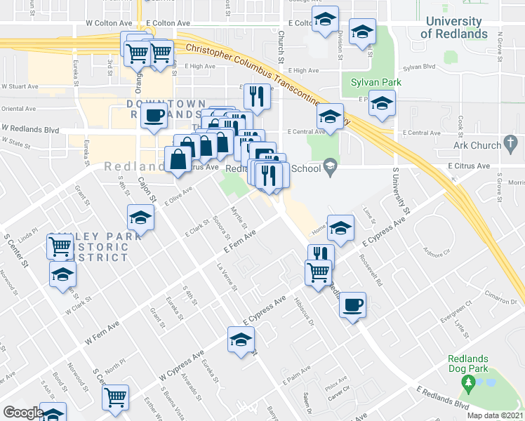 map of restaurants, bars, coffee shops, grocery stores, and more near 329 La Paloma Street in Redlands