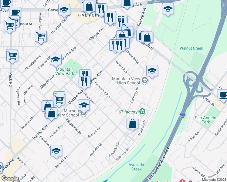 map of restaurants, bars, coffee shops, grocery stores, and more near 12468 Magnolia Street in El Monte