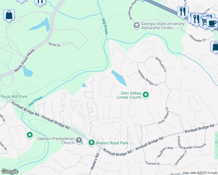 map of restaurants, bars, coffee shops, grocery stores, and more near 415 Chapel Saint Leon Court in Alpharetta