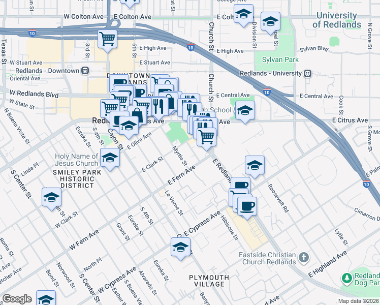 map of restaurants, bars, coffee shops, grocery stores, and more near 316 La Paloma Street in Redlands