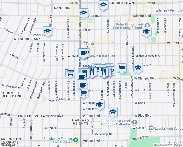 map of restaurants, bars, coffee shops, grocery stores, and more near 980 South Oxford Avenue in Los Angeles