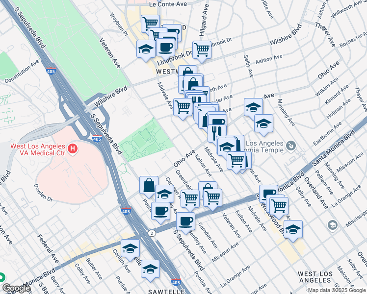 map of restaurants, bars, coffee shops, grocery stores, and more near 1440 Veteran Avenue in Los Angeles