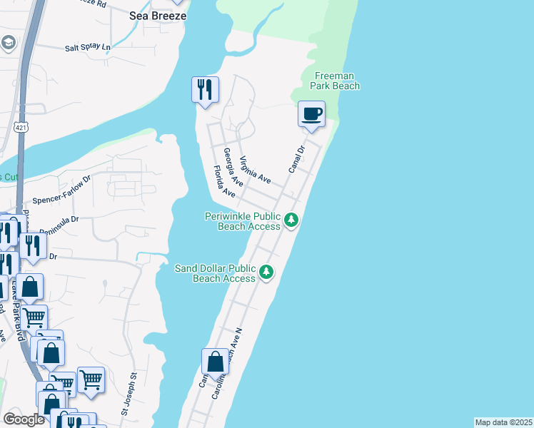 map of restaurants, bars, coffee shops, grocery stores, and more near 1417 Canal Drive in Carolina Beach