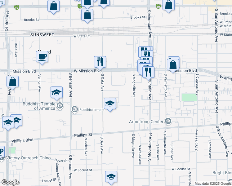 map of restaurants, bars, coffee shops, grocery stores, and more near 1330 West Ralston Street in Ontario