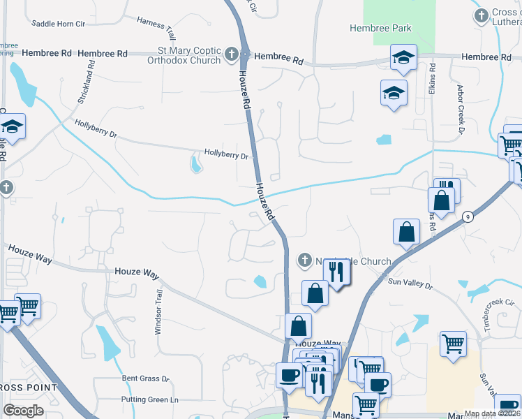 map of restaurants, bars, coffee shops, grocery stores, and more near 515 Ambergate Court in Roswell