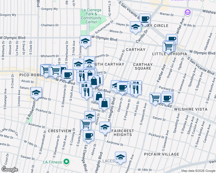map of restaurants, bars, coffee shops, grocery stores, and more near in Los Angeles