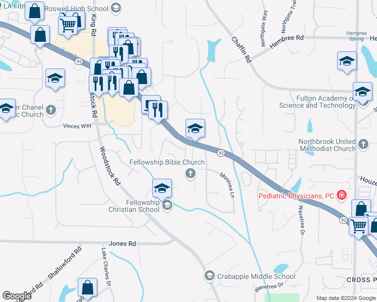 map of restaurants, bars, coffee shops, grocery stores, and more near 1015 Lyndhurst Way in Roswell