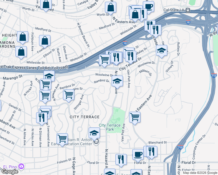 map of restaurants, bars, coffee shops, grocery stores, and more near 1230 North Bonnie Beach Place in Los Angeles