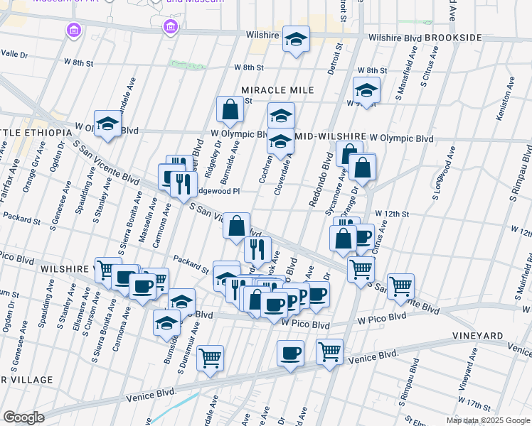 map of restaurants, bars, coffee shops, grocery stores, and more near 1219 South Cloverdale Avenue in Los Angeles