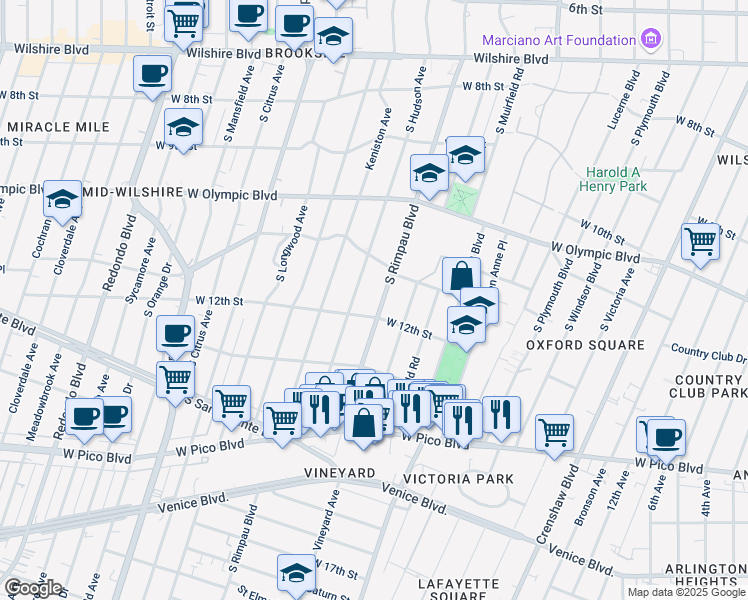map of restaurants, bars, coffee shops, grocery stores, and more near 1143 South Rimpau Boulevard in Los Angeles