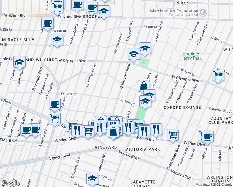 map of restaurants, bars, coffee shops, grocery stores, and more near 1143 South Rimpau Boulevard in Los Angeles