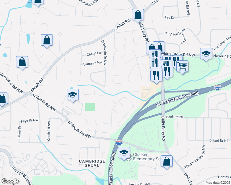 map of restaurants, bars, coffee shops, grocery stores, and more near 437 Monroe Way Northwest in Kennesaw