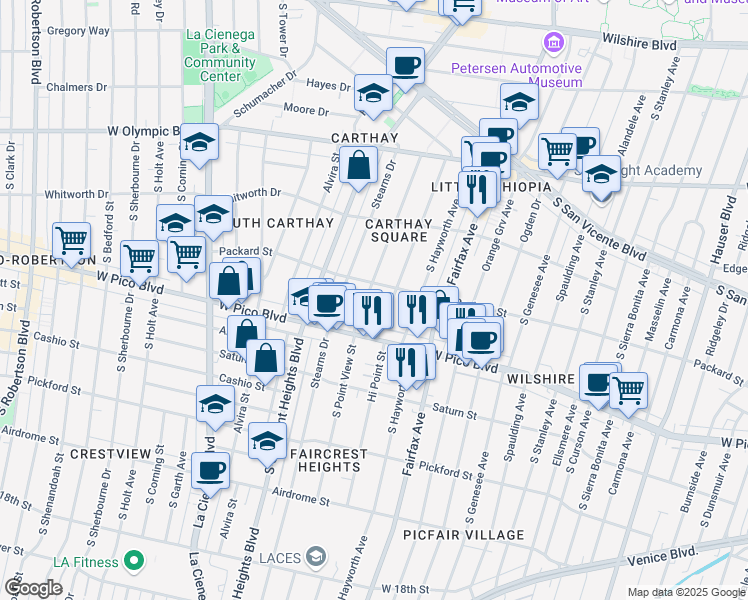 map of restaurants, bars, coffee shops, grocery stores, and more near 1218 South Point View Street in Los Angeles