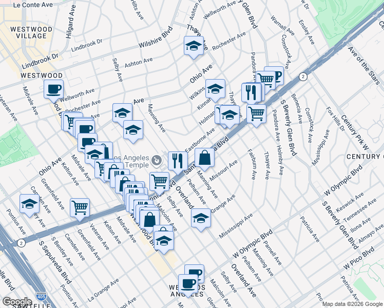 map of restaurants, bars, coffee shops, grocery stores, and more near 10654 Eastborne Avenue in Los Angeles