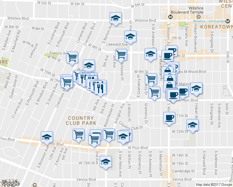 map of restaurants, bars, coffee shops, grocery stores, and more near 975 Westchester Place in Los Angeles
