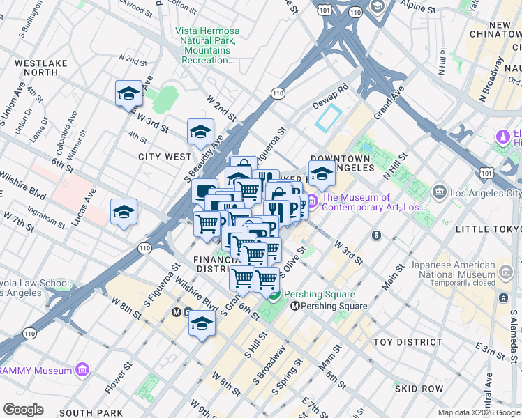 map of restaurants, bars, coffee shops, grocery stores, and more near 333 South Hope Street in Los Angeles