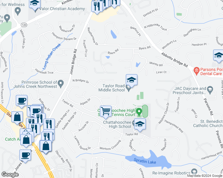 map of restaurants, bars, coffee shops, grocery stores, and more near 5110 North Bridges Drive in Alpharetta