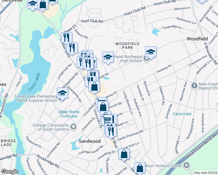 map of restaurants, bars, coffee shops, grocery stores, and more near 7006 Brookfield Road in Columbia