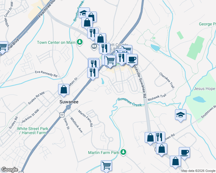map of restaurants, bars, coffee shops, grocery stores, and more near 483 Via Secco Lane in Suwanee