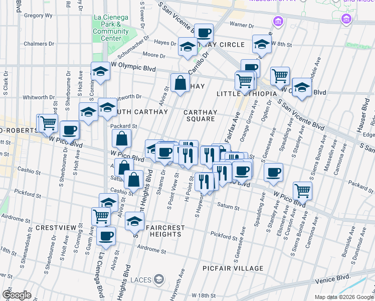 map of restaurants, bars, coffee shops, grocery stores, and more near 1218 South Point View Street in Los Angeles