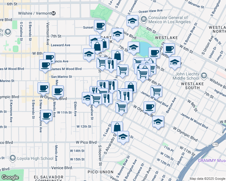 map of restaurants, bars, coffee shops, grocery stores, and more near 2321 West 10th Street in Los Angeles