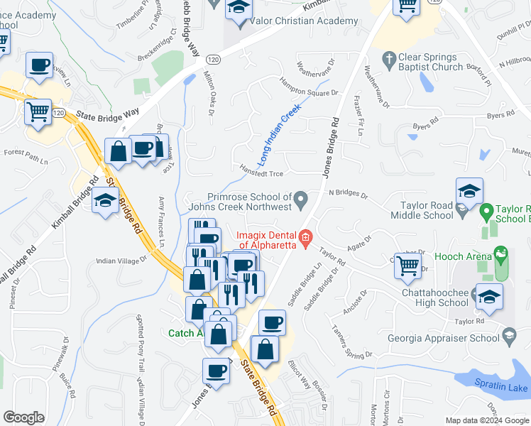 map of restaurants, bars, coffee shops, grocery stores, and more near 11325 Bramshill Drive in Alpharetta