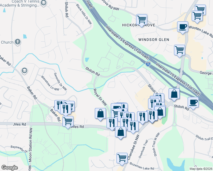 map of restaurants, bars, coffee shops, grocery stores, and more near 4146 Royal Regency Circle in Kennesaw