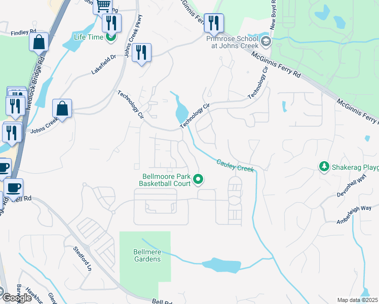 map of restaurants, bars, coffee shops, grocery stores, and more near Brookhavenclub Drive in Johns Creek