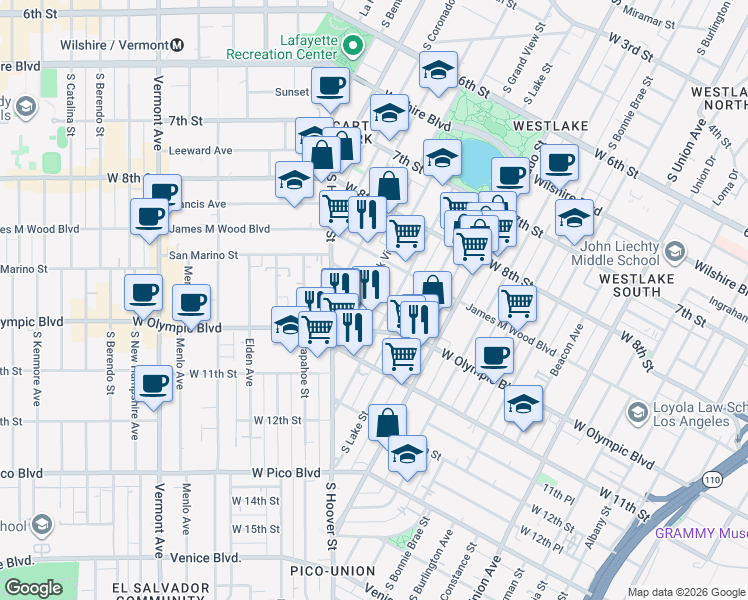 map of restaurants, bars, coffee shops, grocery stores, and more near 2321 West 10th Street in Los Angeles