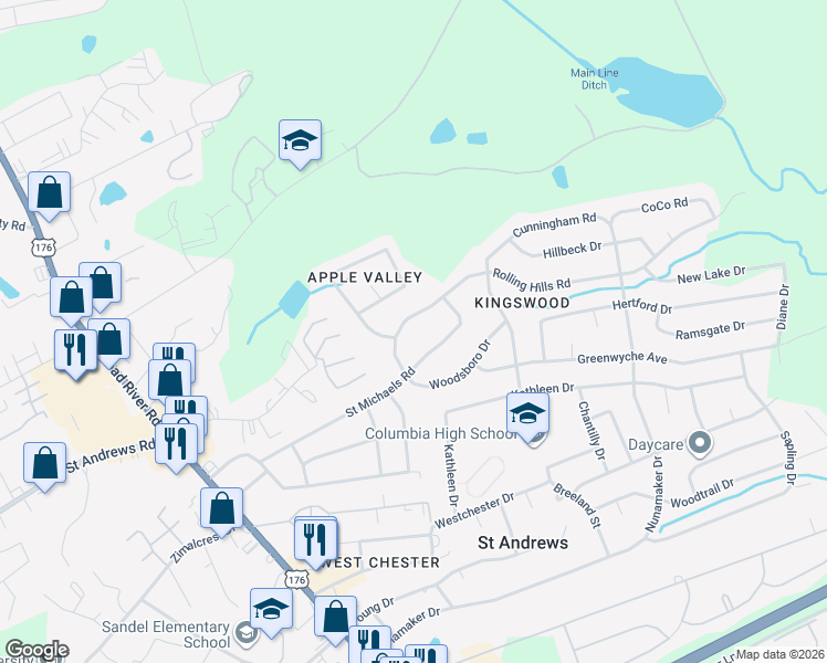 map of restaurants, bars, coffee shops, grocery stores, and more near 1823 Saint Michaels Road in Columbia