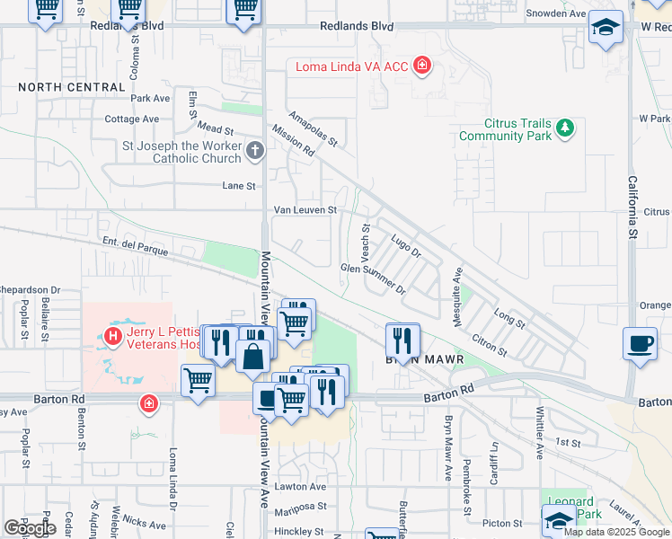 map of restaurants, bars, coffee shops, grocery stores, and more near 11032 Ragsdale Road in Loma Linda