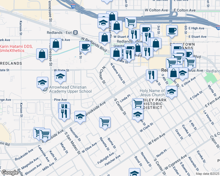 map of restaurants, bars, coffee shops, grocery stores, and more near 15 North Center Street in Redlands