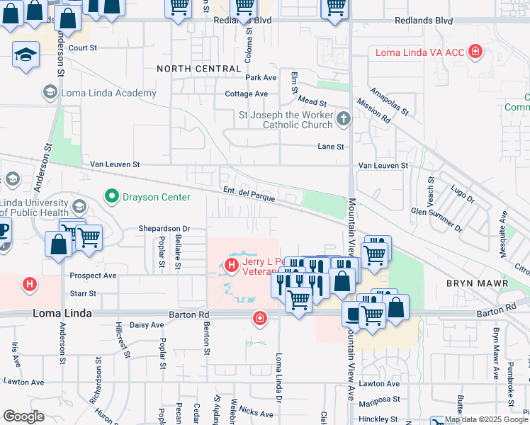 map of restaurants, bars, coffee shops, grocery stores, and more near 25461 Cole Street in Loma Linda