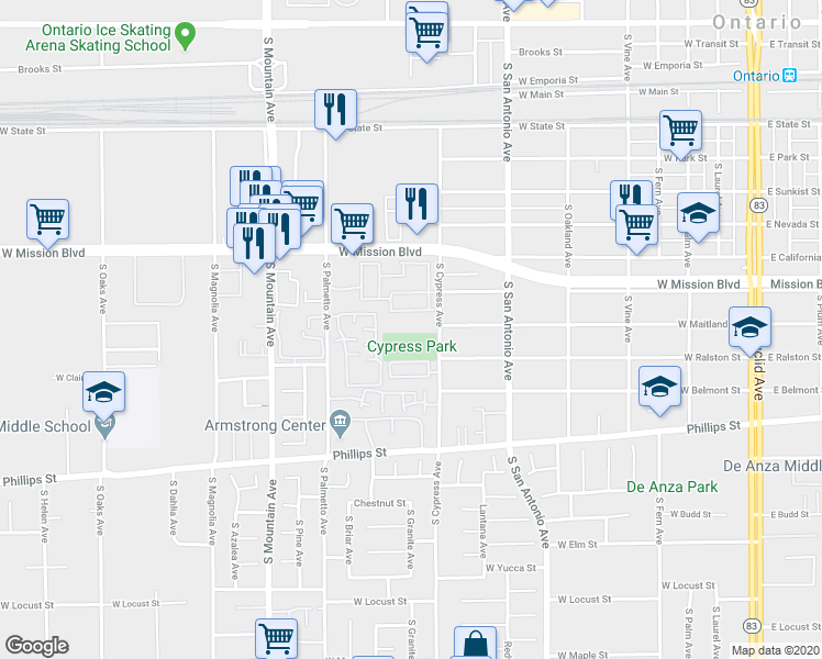 map of restaurants, bars, coffee shops, grocery stores, and more near 1030 South Cypress Avenue in Ontario