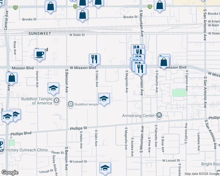 map of restaurants, bars, coffee shops, grocery stores, and more near 1330 West Ralston Street in Ontario
